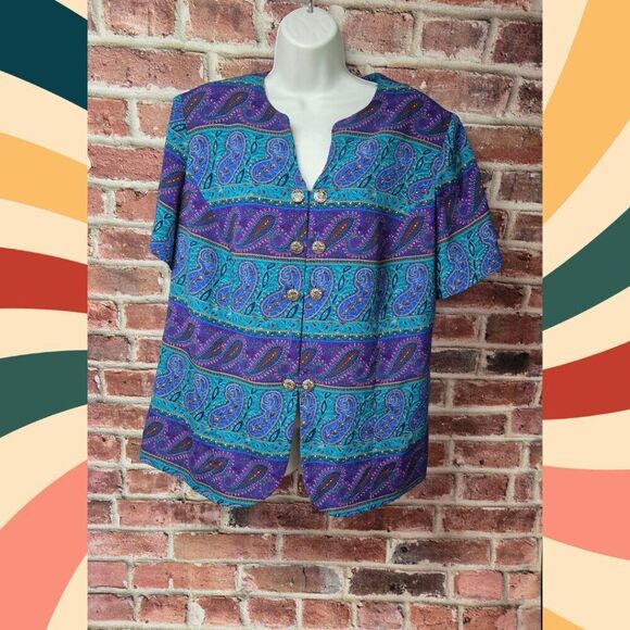 Leslie Fay Tops - Leslie Fay Vintage Paisley Blouse Green Blue Size 20WP Padded Shoulder Top